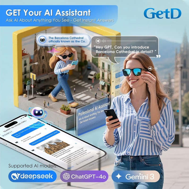 GetD AI Glasses for Men & Women, Smart Glasses Powered by ChatGPT, AI Real-time Translation with 145 languages, 11H Music Play, Bluetooth Sunglasses with Polarized Lens, UV Protection for Daily Use, Travel - Image 4